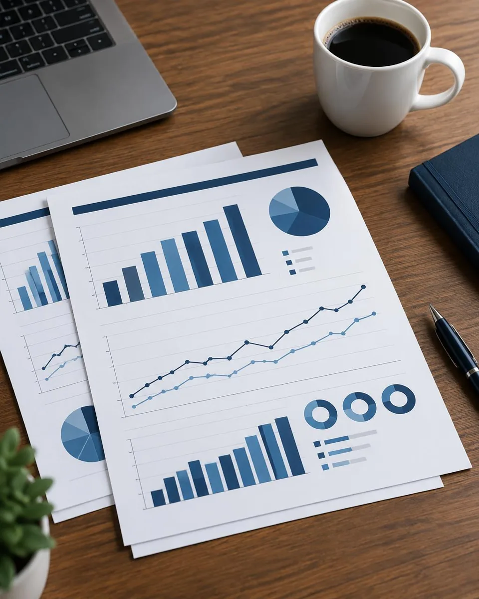 Printed financial reports with charts