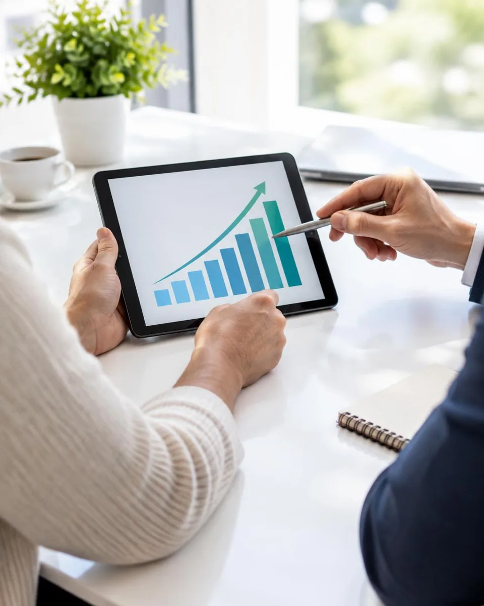 Two people reviewing a growth chart on a tablet