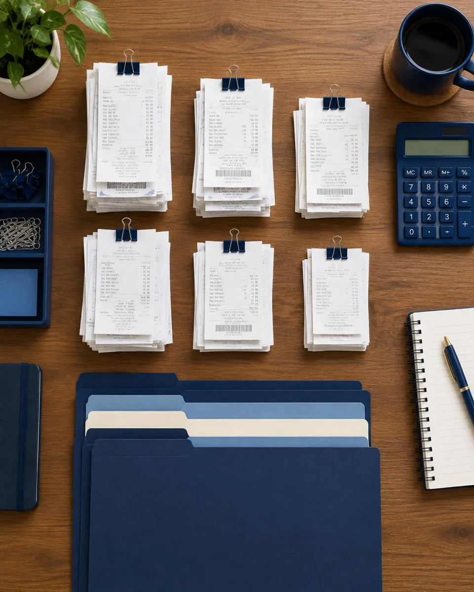 Receipts sorted into neat stacks beside folders