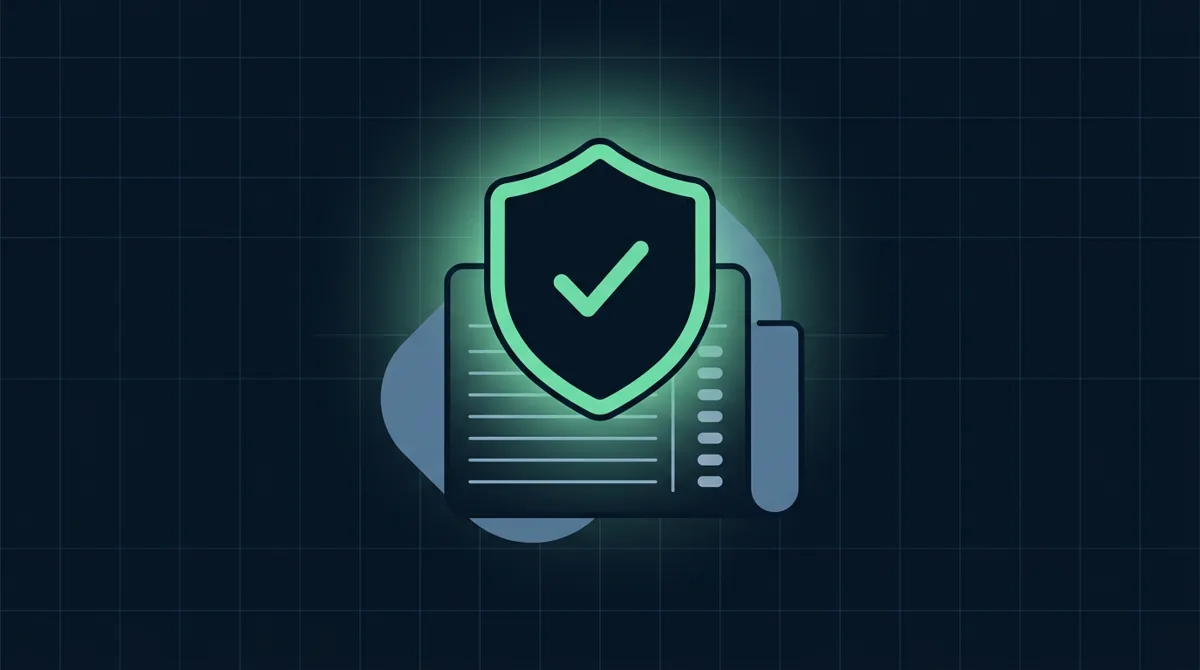 Illustration of a verified ledger: a mint-green shield with a checkmark above a bookkeeping document