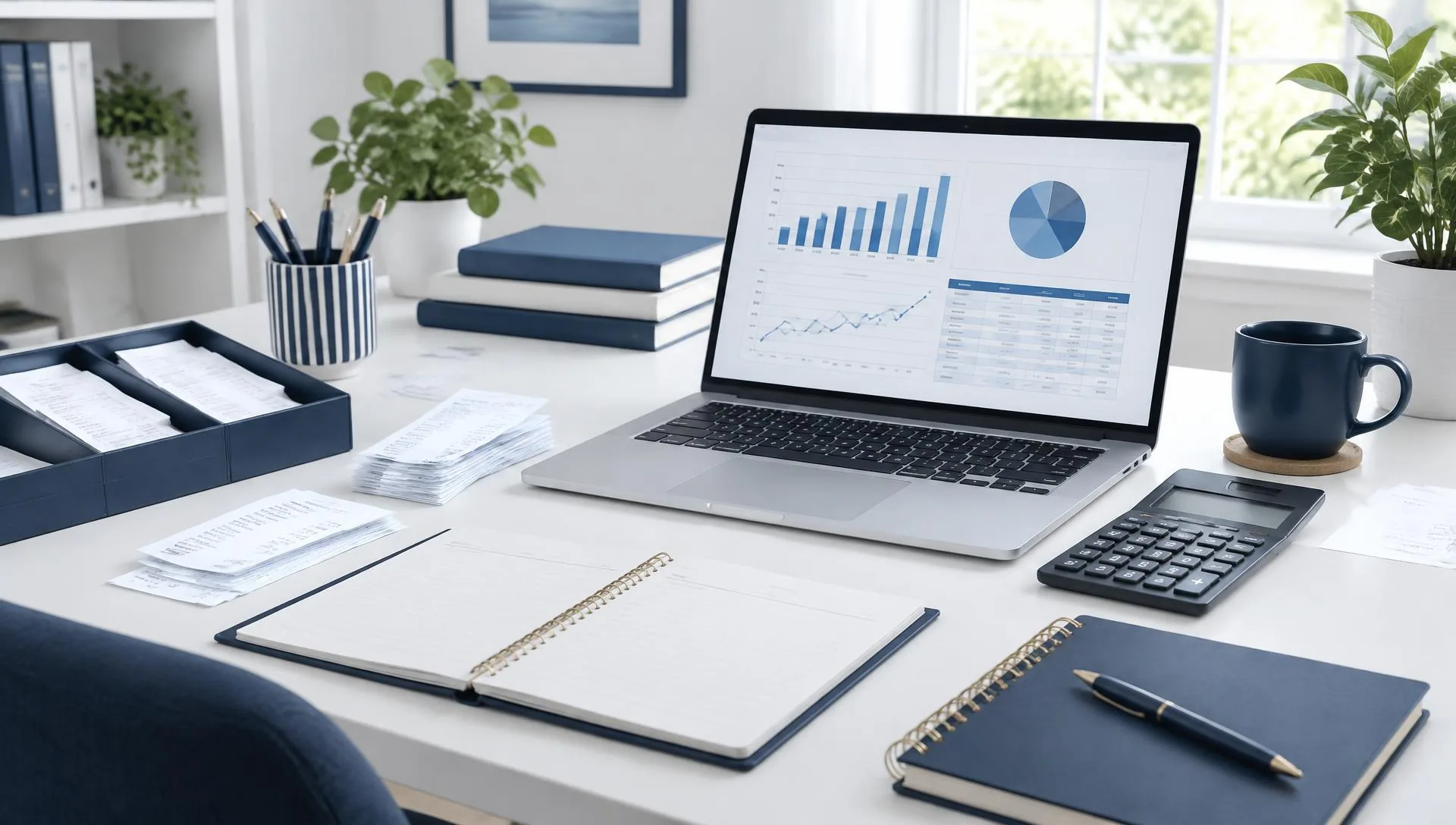 An organized bookkeeping desk with a laptop showing financial charts