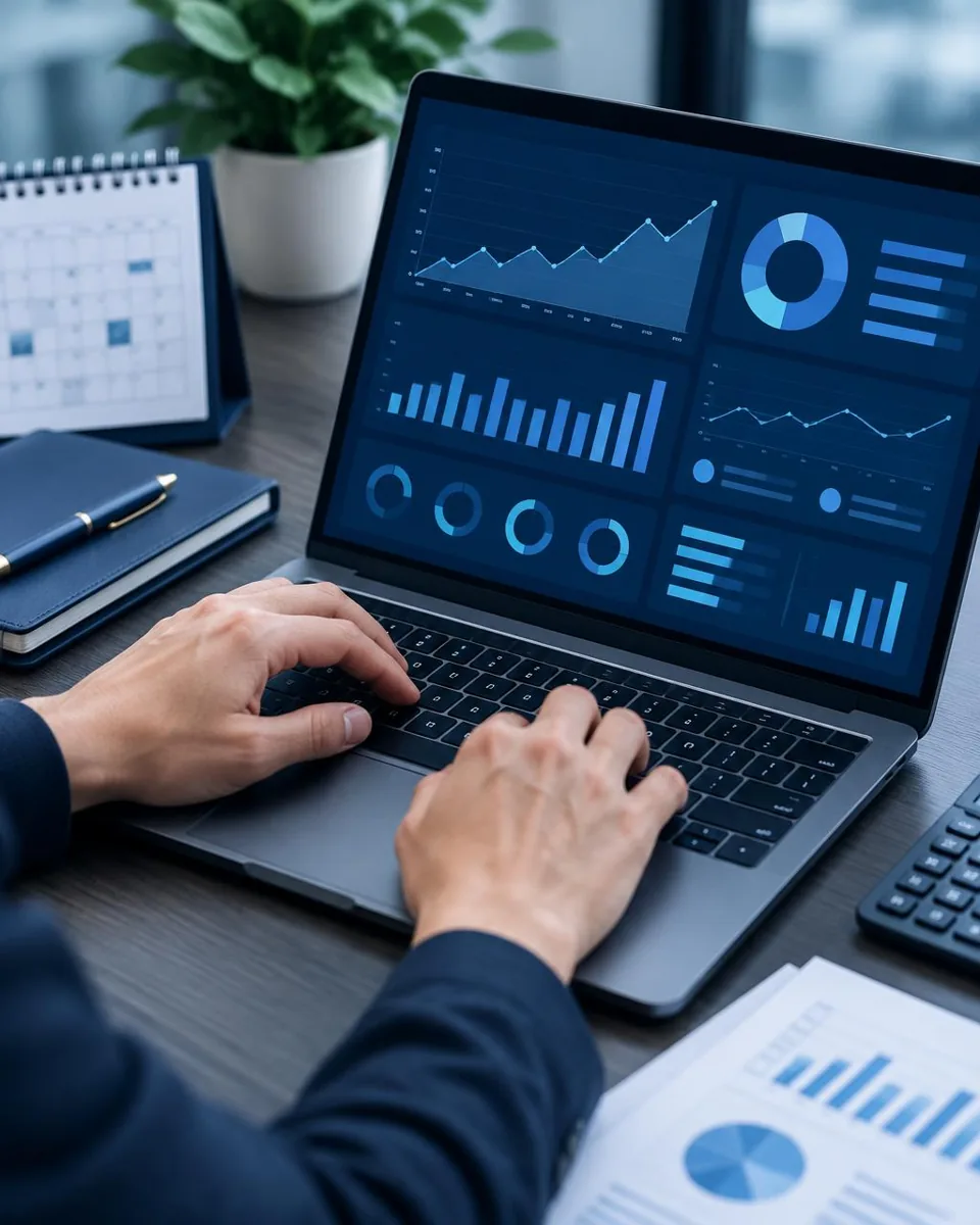 Hands working on a laptop showing financial charts